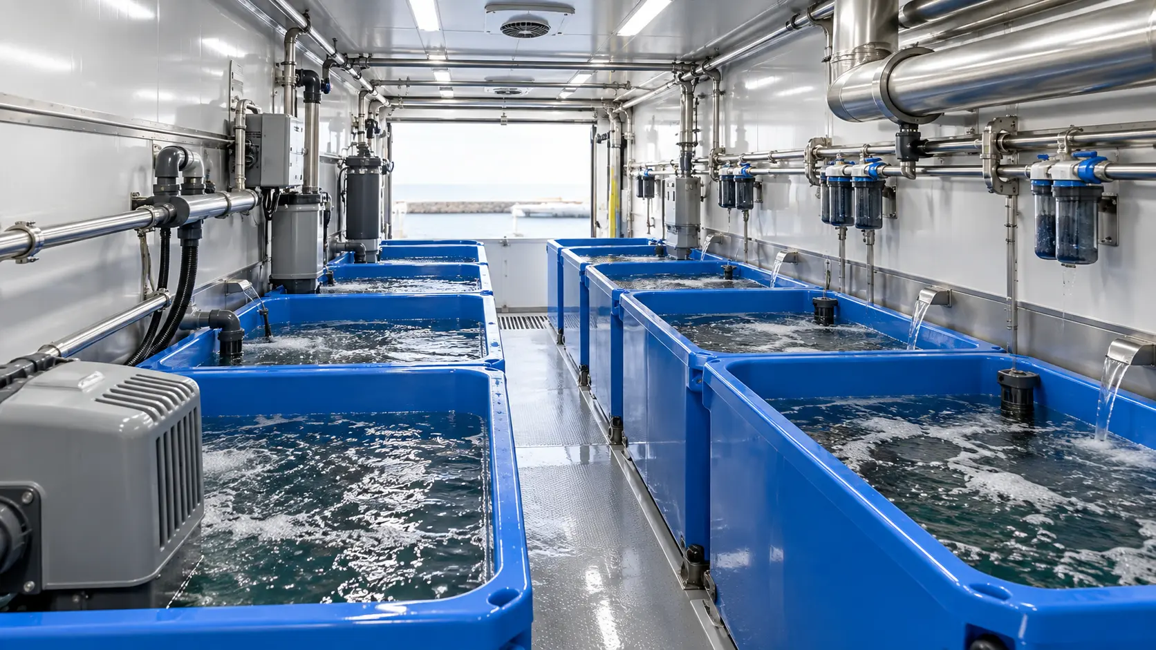 Interior del camión con viveros para el transporte de marisco vivo