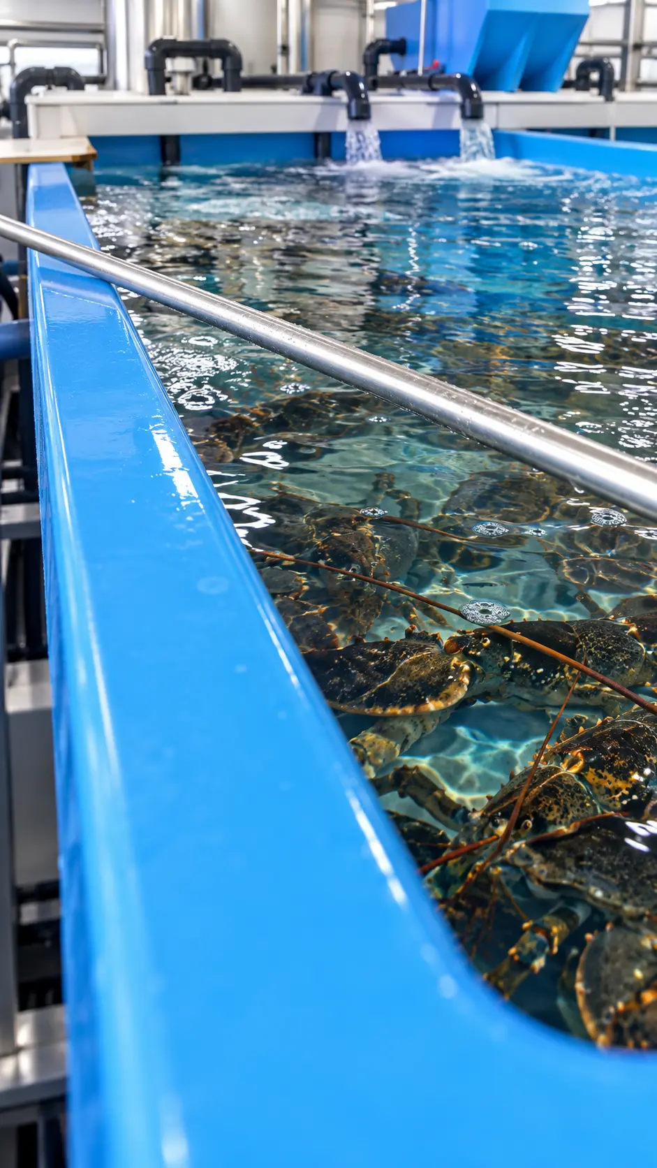 Vivero profesional con producto marino vivo en agua controlada